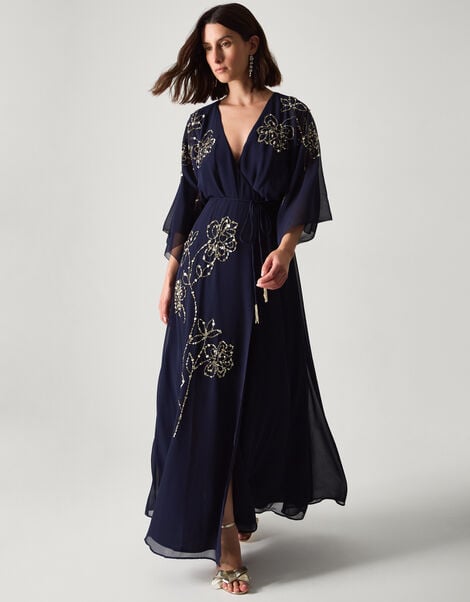 Skyla Floral Embellished Maxi Wrap Dress, Blue (NAVY), large