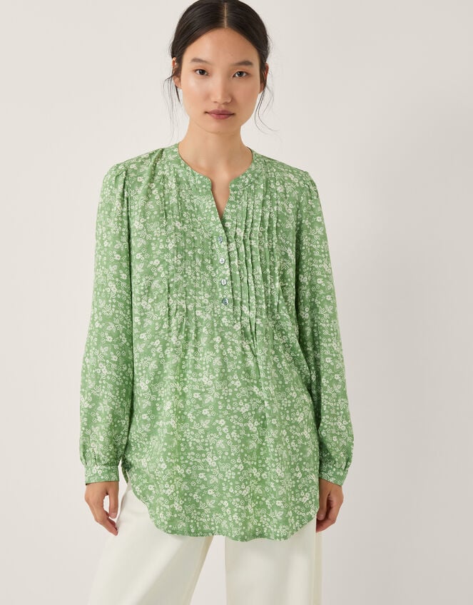 Tortie Floral Pintuck Blouse, Green (GREEN), large