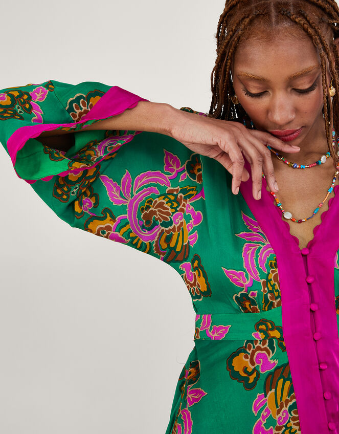 Button Through Print Kaftan Dress, Green (GREEN), large