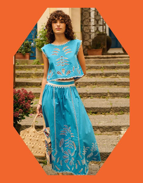 Petite Mendigote Jose Embroidered Maxi Skirt, Blue (BLUE), large