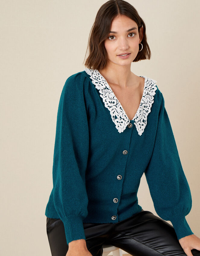 Leila Lace Collar Cardigan, Teal (TEAL), large