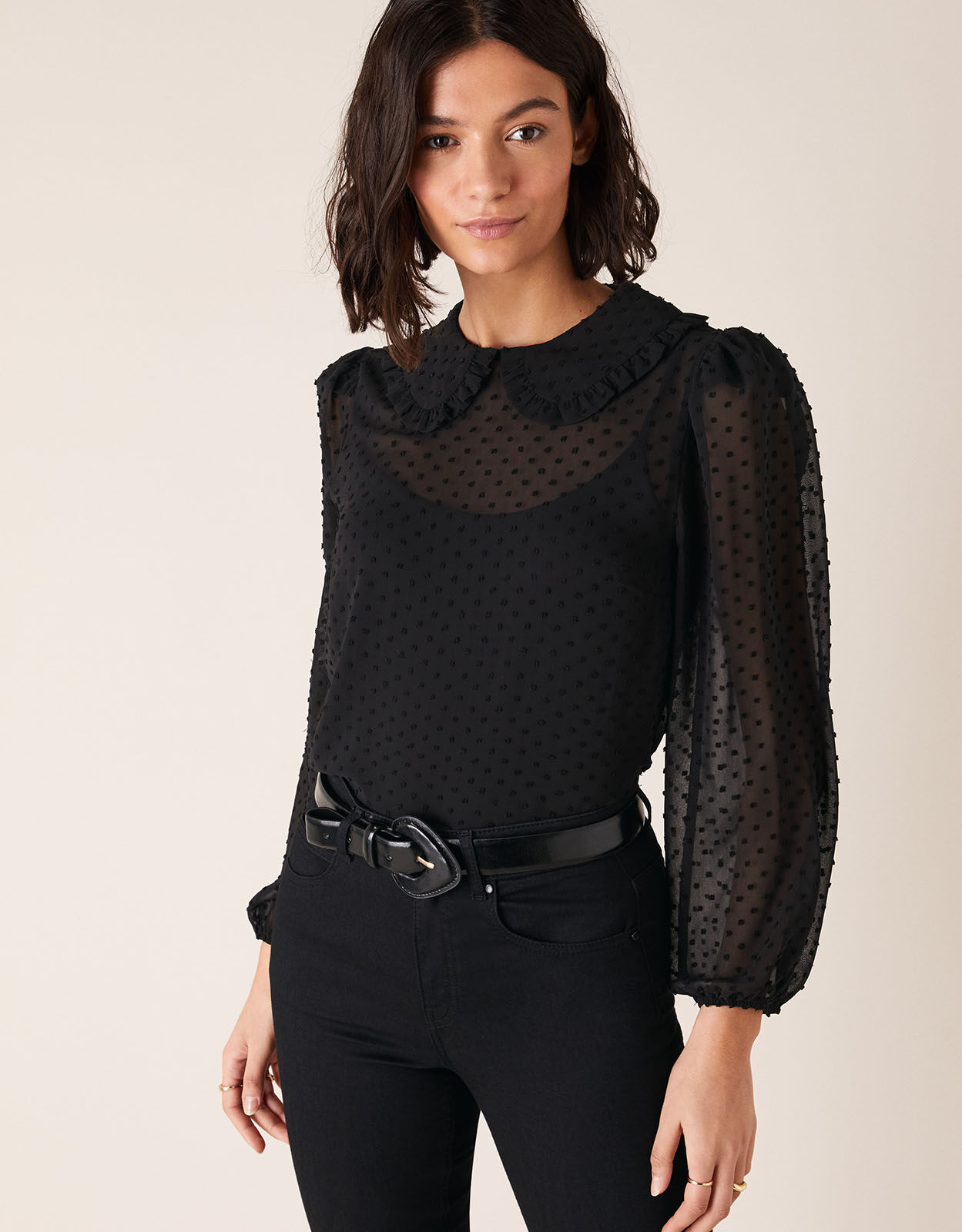 Dobby Chiffon Collared Blouse Black Tops T shirts Monsoon Global