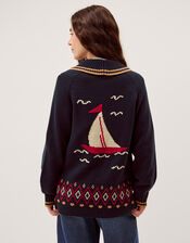 Sapna Intarsia Sailor Cardigan, Blue (NAVY), large