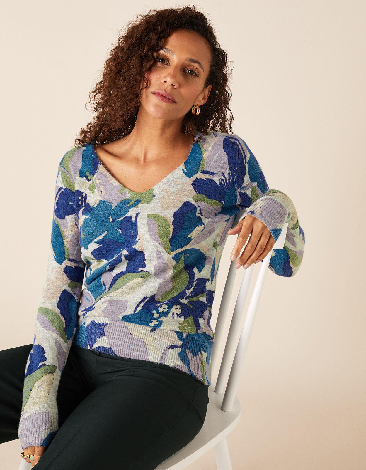 Floral V Neck Jumper Grey