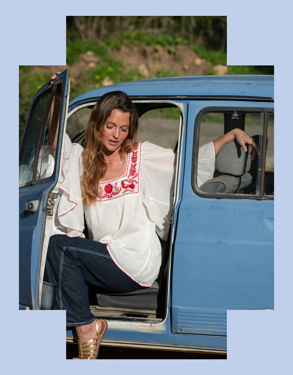 La Galeria Elefante Silver Embroidered Square Neck Top, White (OFF WHITE), large