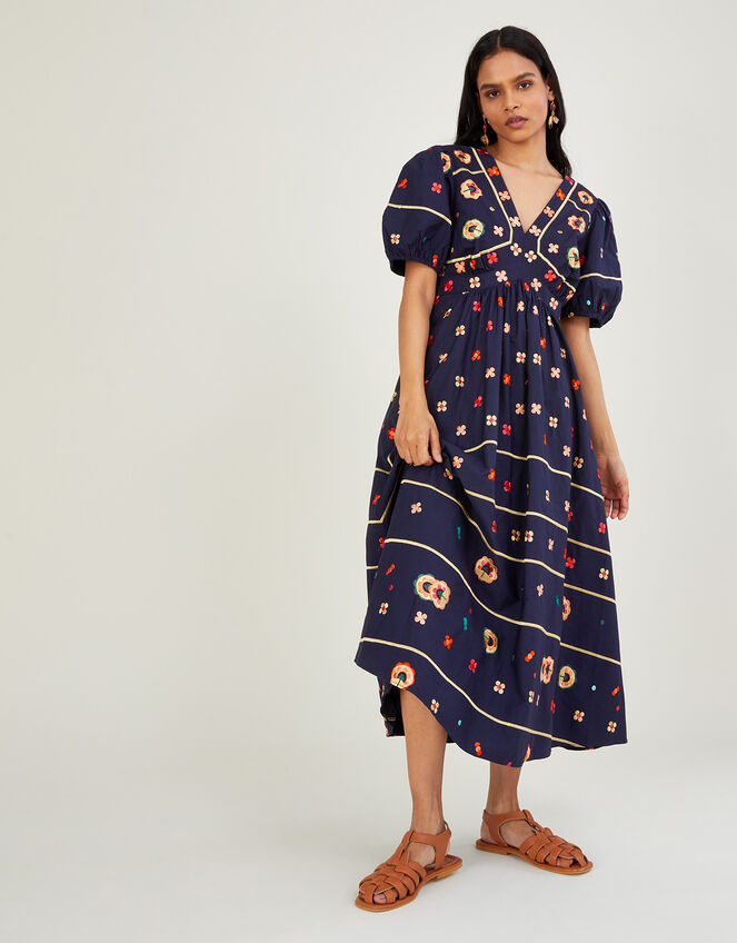 Ola Embroidered Midi Dress in Sustainable Cotton, Blue (NAVY), large