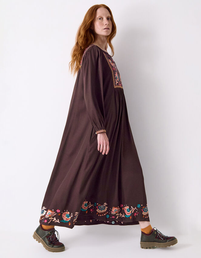 East Eliana Embroidered Long Sleeve Midi Dress, Brown (BROWN), large