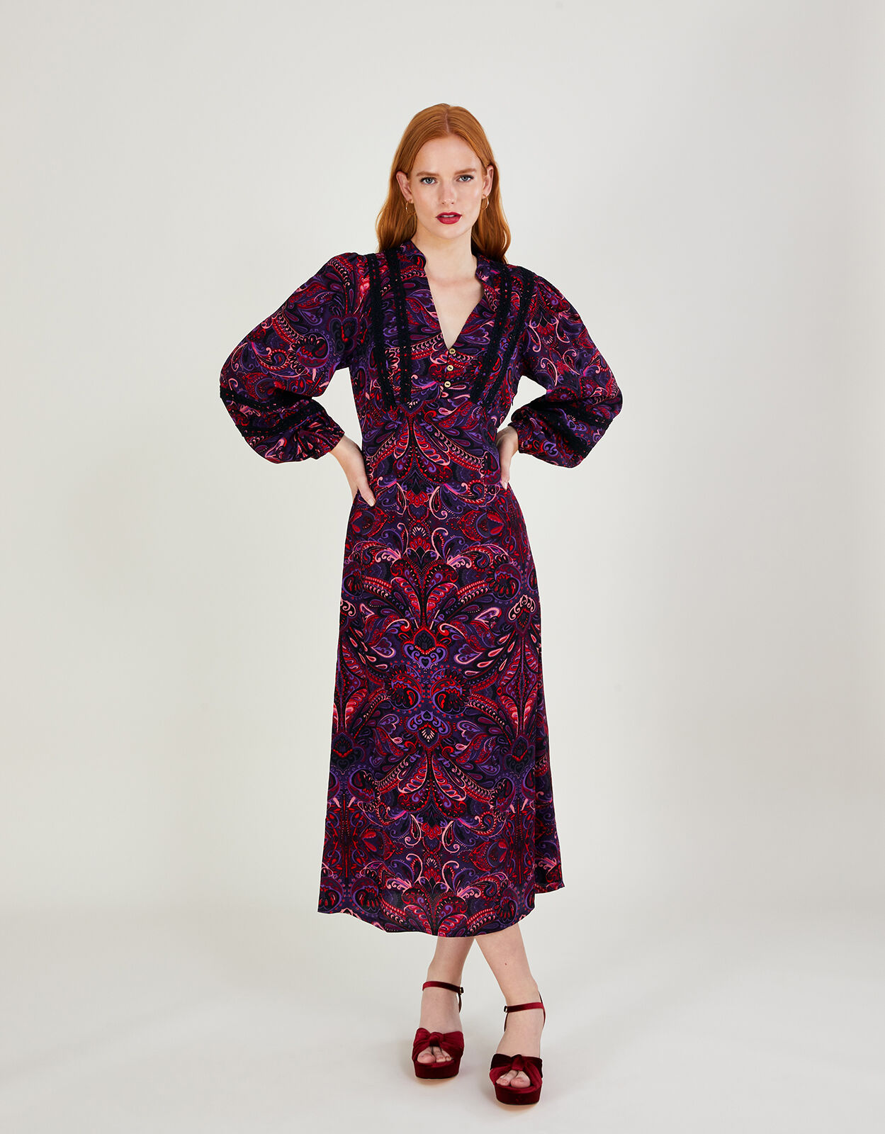 Paisley Print Lace Trim Midi Dress Black