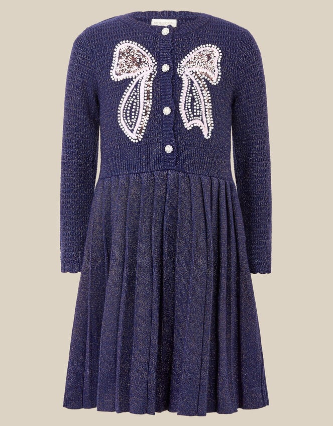 Embellished Bow Knitted Dress, Blue (NAVY), large