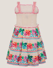 Floral Print Shirred Dress, White (WHITE), large