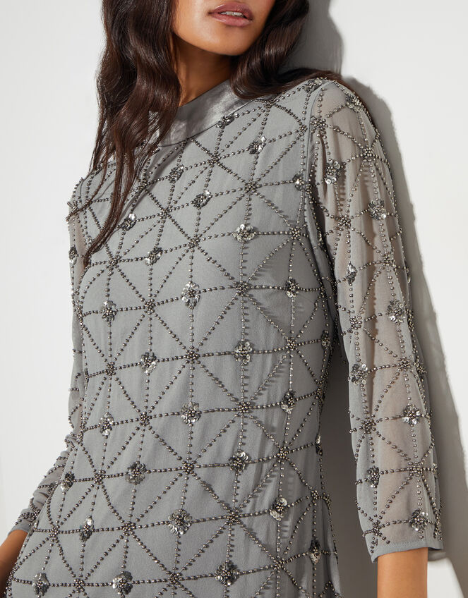 Adele Hand-Beaded Long Sleeve Mini Dress, Grey (GREY), large