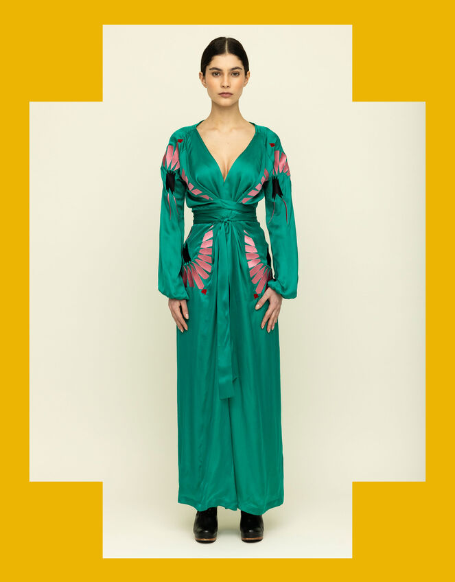 Tallulah & Hope Aziza Regular Embroidered Wrap Dress, Green (GREEN), large