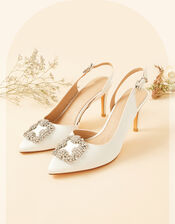 Diamante Trim Pointed Toe Slingback Heels, White (WHITE), large