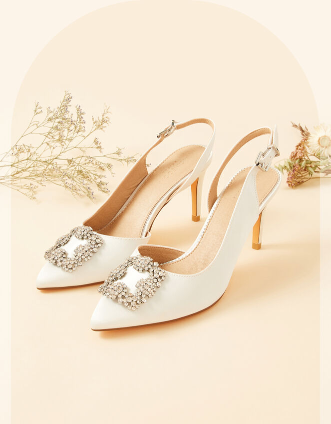 Diamante Trim Pointed Toe Slingback Heels, White (WHITE), large