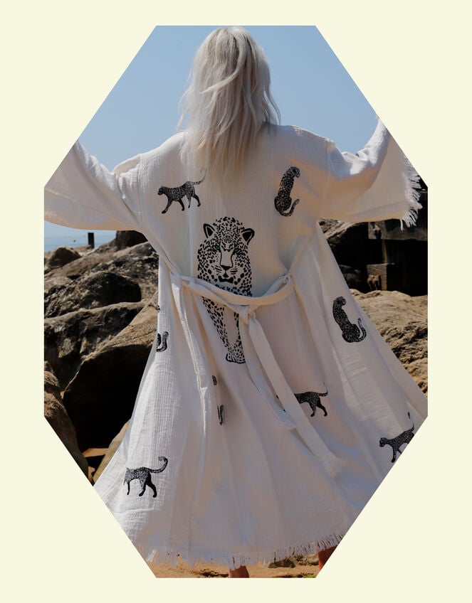 Meraki Beach Wild Leopard Kimono Robe, Cream (CREAM), large