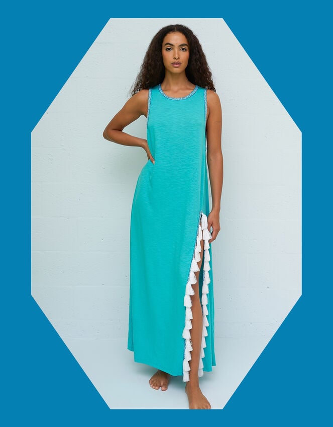 Pitusa Tassel Side Slit Maxi Beach Dress, Teal (TEAL), large