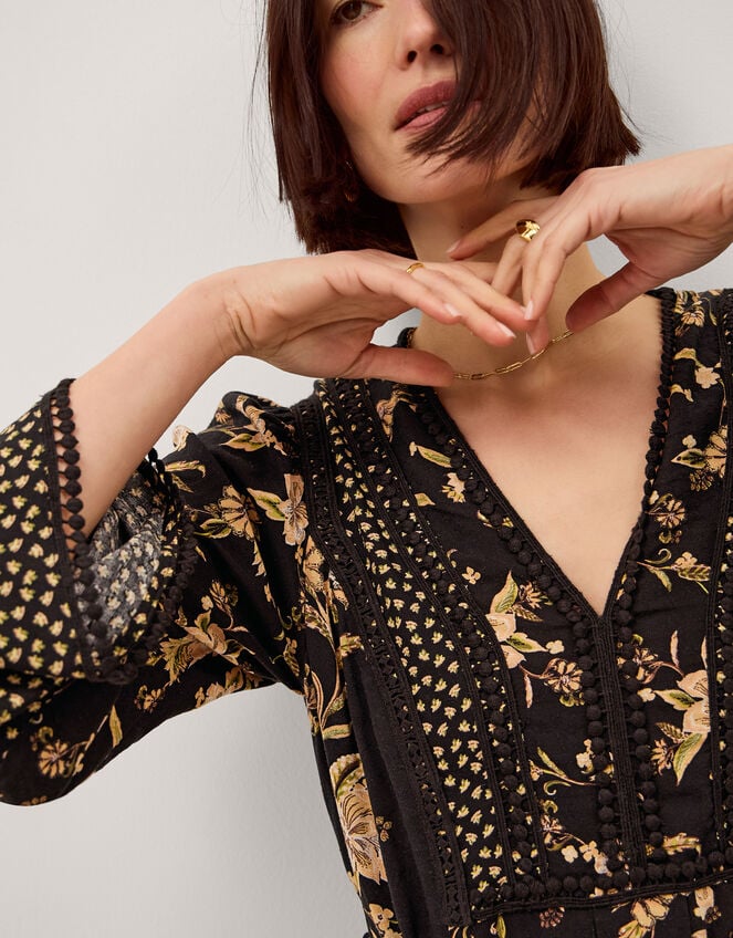 Rosaleigh V-Neck Floral Midi Dress, Black (BLACK), large