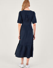 Cutwork Detail Tiered Dress in Linen Blend, Blue (NAVY), large