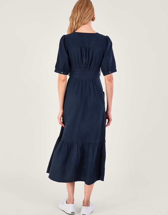 Cutwork Detail Tiered Dress in Linen Blend, Blue (NAVY), large