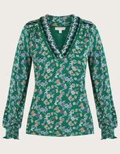 Ditsy Embellished Shirred Jersey Top, Green (GREEN), large