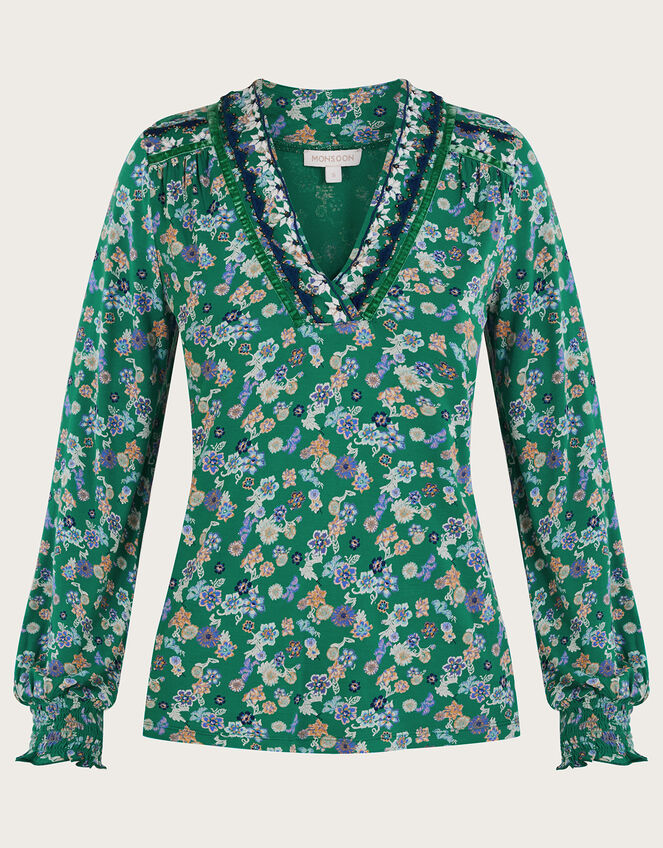 Ditsy Embellished Shirred Jersey Top, Green (GREEN), large