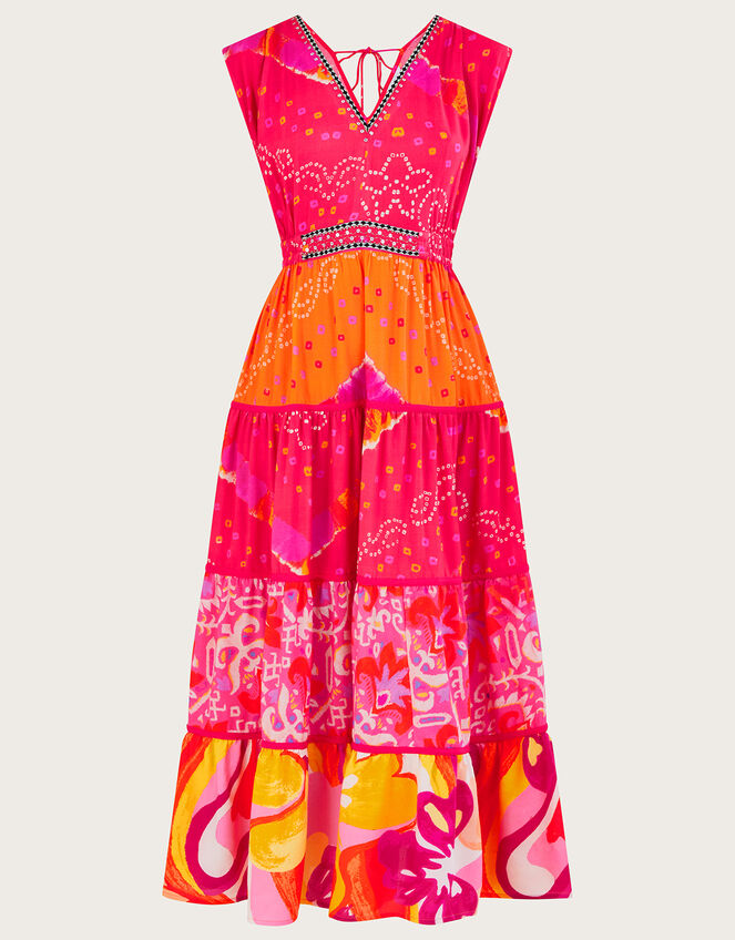 Bandhani Contrast Print Midi Dress, Red (RED), large