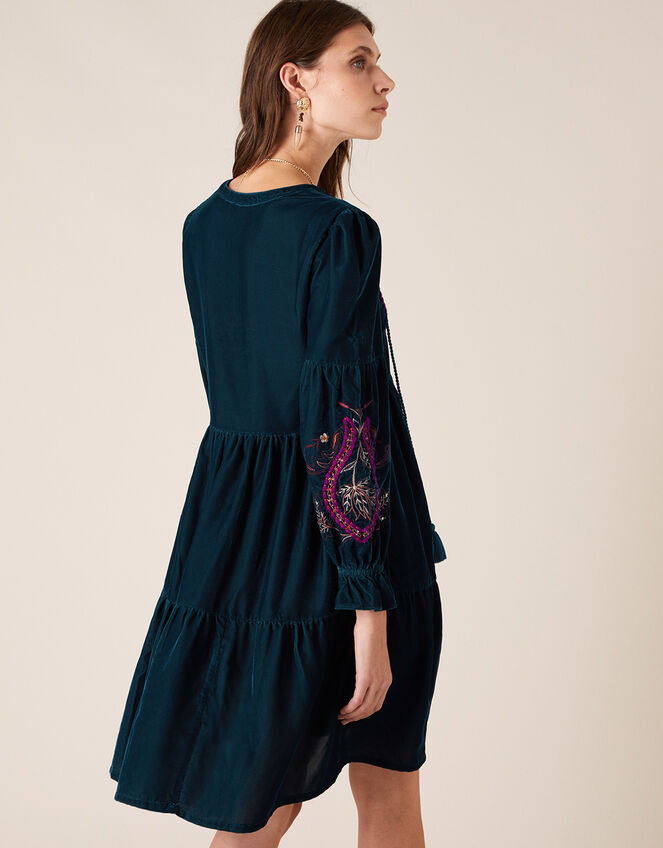 Embroidered Velvet Midi Dress, Teal (TEAL), large