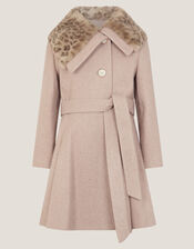 Fluffy Leopard Collar Swing Coat, Camel (OATMEAL), large