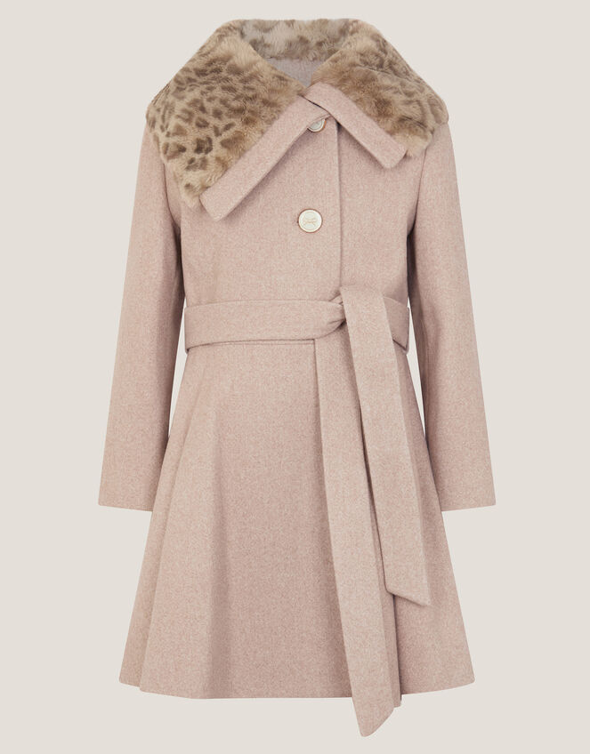 Fluffy Leopard Collar Swing Coat, Camel (OATMEAL), large