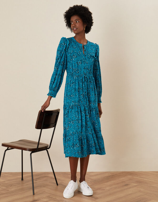 Lilianna Printed Jersey Tiered Dress, Blue (TURQUOISE), large