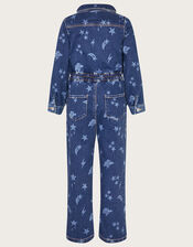 Cosmic Print Stretch Denim Jumpsuit, Blue (BLUE), large