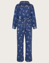 Cosmic Print Stretch Denim Jumpsuit, Blue (BLUE), large