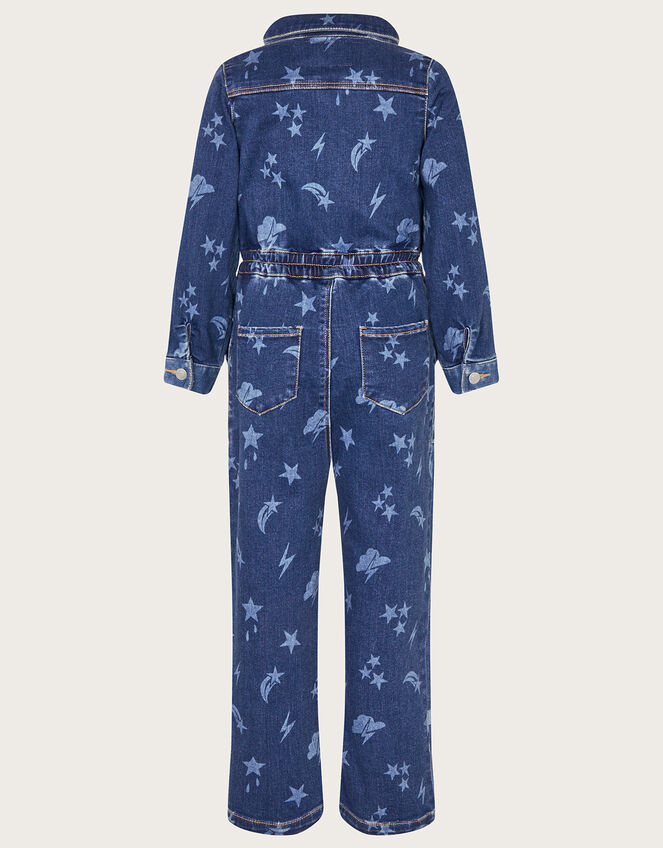 Cosmic Print Stretch Denim Jumpsuit, Blue (BLUE), large