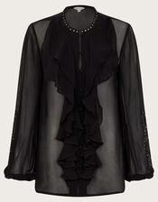Saskia Stud Ruffle Blouse, Black (BLACK), large