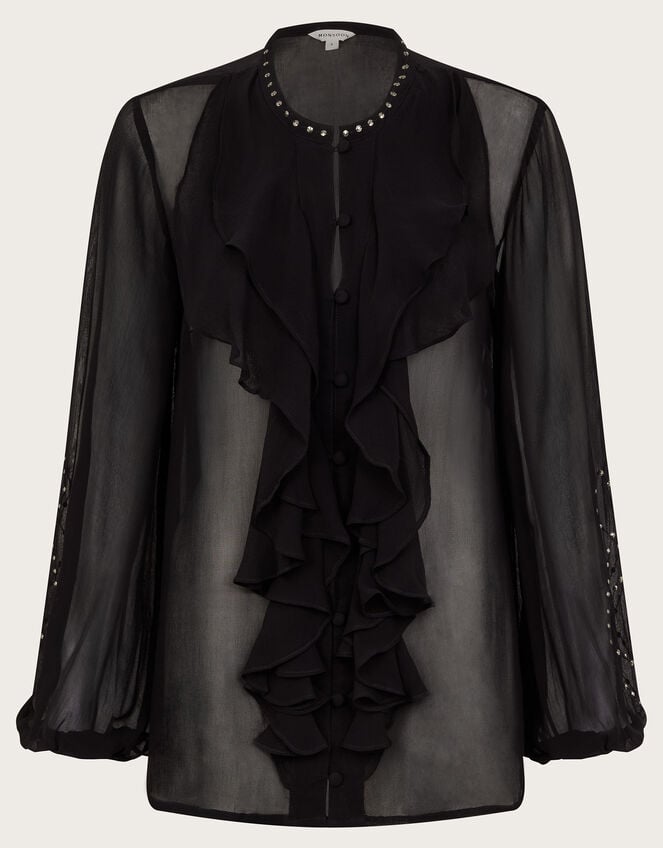 Saskia Stud Ruffle Blouse, Black (BLACK), large