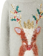 XMAS Sequin Reindeer Fluffy Knit Jumper, Grey (GREY), large