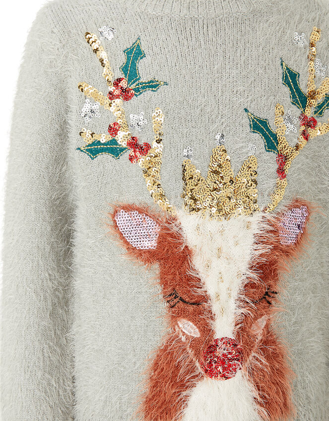 XMAS Sequin Reindeer Fluffy Knit Jumper, Grey (GREY), large