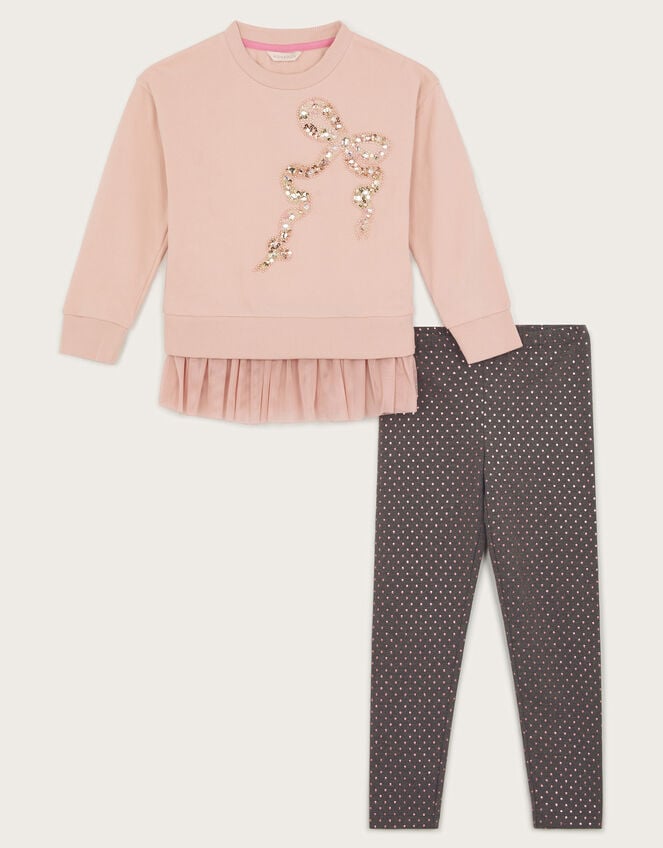 Sequin Bow Sweatshirt and Leggings Set, Pink (PINK), large