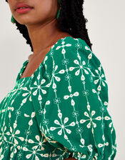 Embroidered Puff Sleeve Short Dress in Sustainable Cotton, Green (GREEN), large