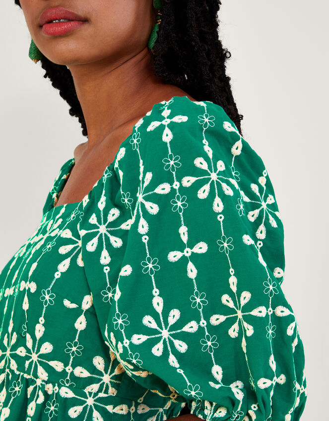 Embroidered Puff Sleeve Short Dress in Sustainable Cotton, Green (GREEN), large