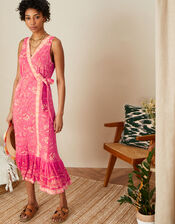 V-Neck Floral Print Border Print Wrap Dress , Orange (CORAL), large