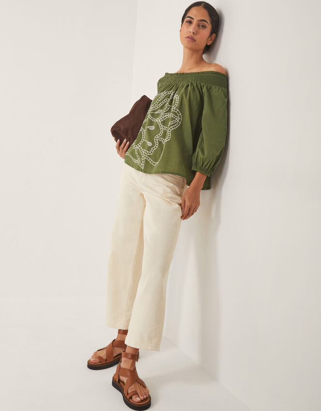 Julie Embroidered Bardot Top, Green (KHAKI), large