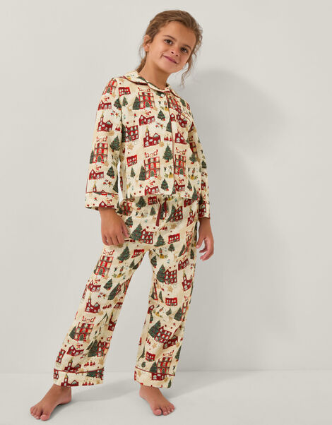 Christmas Scene Print Long Pyjamas Set, Cream (CREAM), large