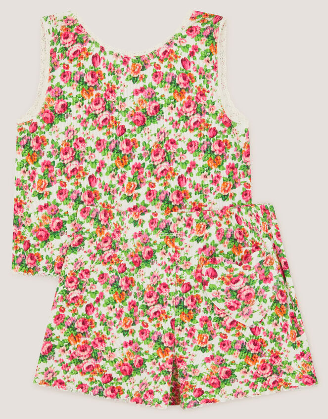 Floral Print Ribbed Short Pyjama Set, Cream (CREAM), large