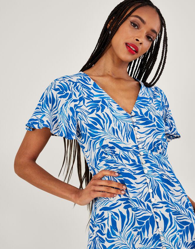 Florence Leaf Print Tea Dress, Blue (BLUE), large