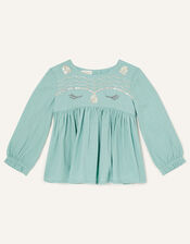 Baby Owl Woven Top and Leggings Set, Blue (AQUA), large