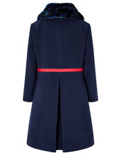 Navy Pleated Coat with Diamante Bow, Blue (NAVY), large
