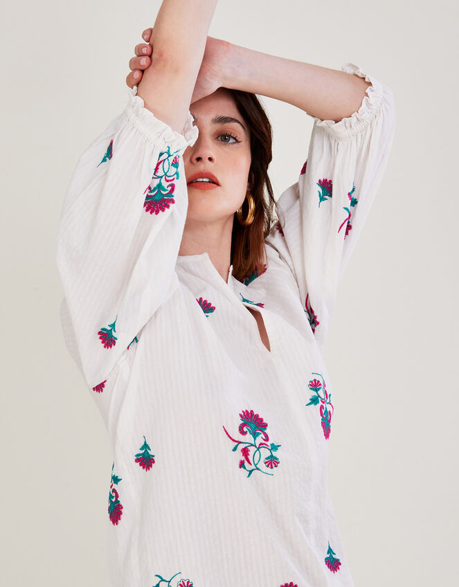 Embroidered Floral Tunic in Sustainable Cotton, White (WHITE), large