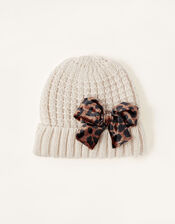 Katie Leopard Bow Knit Hat, Camel (OATMEAL), large