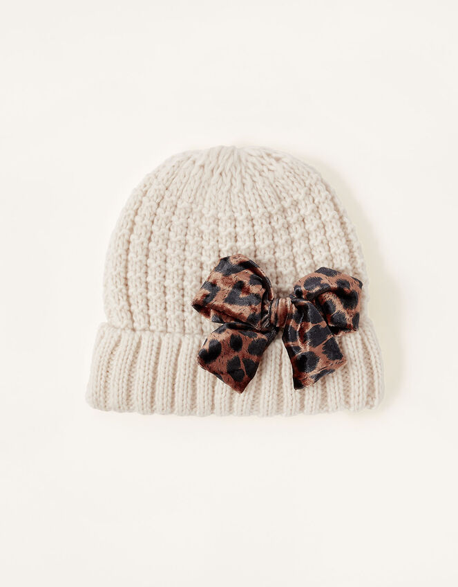 Katie Leopard Bow Knit Hat, Camel (OATMEAL), large